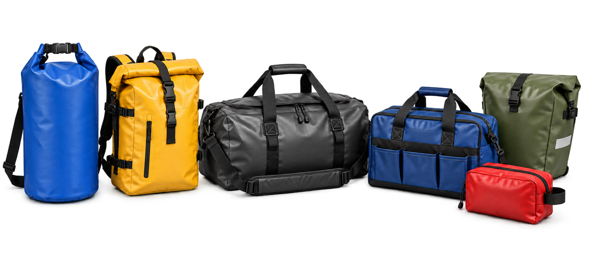 PVC bag fabric application examples: dry bag, backpack, travel duffel, tool bag, bicycle pannier and equipment pouch
