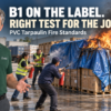 Illustrative cargo-fire scene for PVC tarpaulin fire standards: Duletai presenter, burning tarp-covered goods, extinguisher responders and a regretful buyer. B1 on the label. Right test for the job?