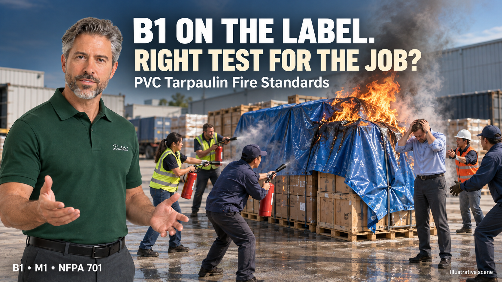 Illustrative cargo-fire scene for PVC tarpaulin fire standards: Duletai presenter, burning tarp-covered goods, extinguisher responders and a regretful buyer. B1 on the label. Right test for the job?