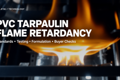 PVC Tarpaulin Flame Retardancy — standards, testing, formulation and buyer checks; title cover over a blurred NIST laboratory test photograph.