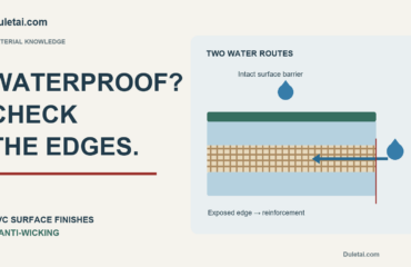 PVC fabric cross-section distinguishing the intact surface barrier from water movement along exposed reinforcement