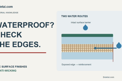 PVC fabric cross-section distinguishing the intact surface barrier from water movement along exposed reinforcement