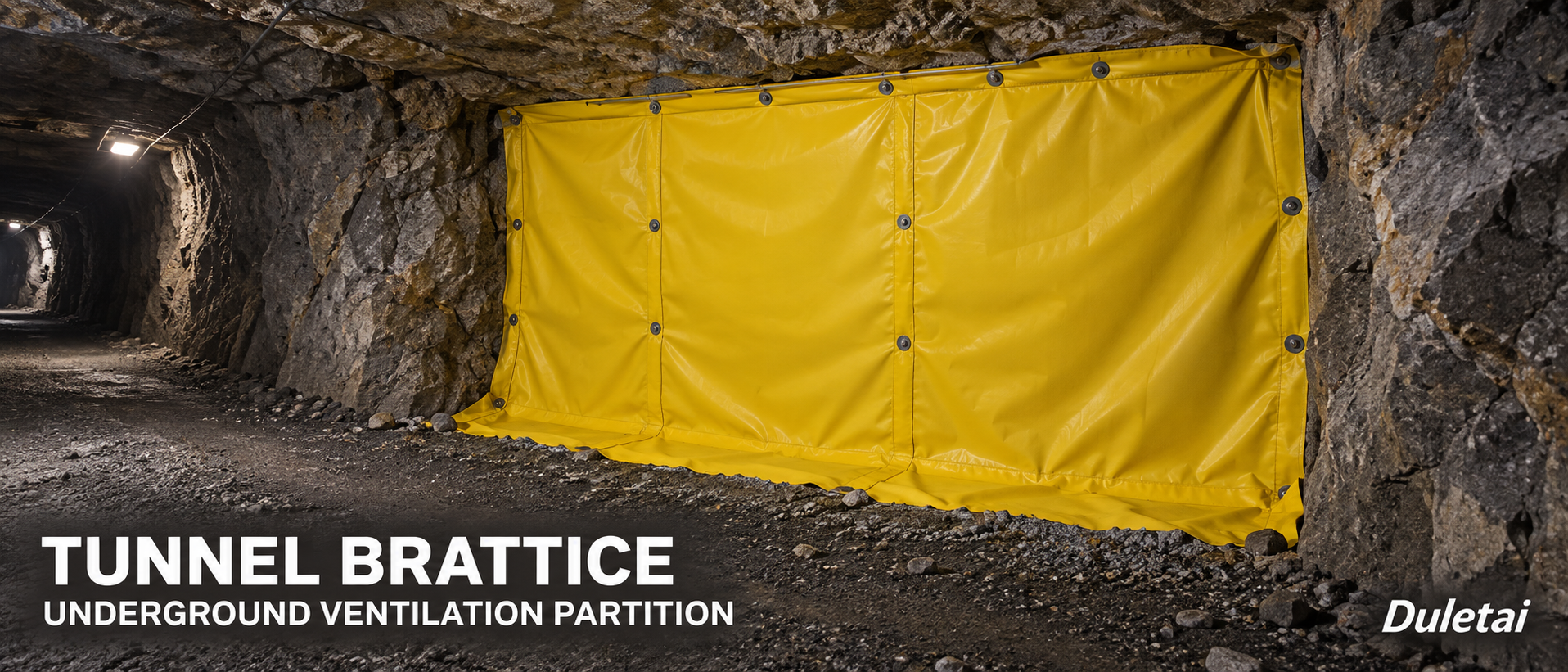 Duletai yellow PVC tunnel brattice fabric forming an underground ventilation partition