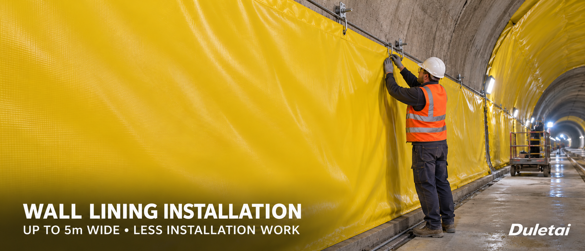 Mechanical installation of wide Duletai PVC tunnel lining fabric